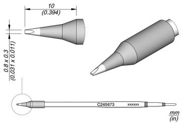 The image shows a technical drawing of a pen. It has a pointed tip, a round body, and is shown from various sides with dimensions.