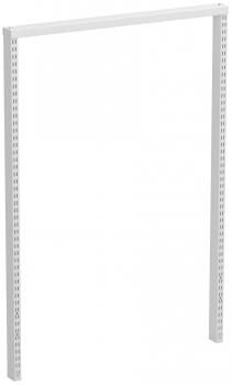 The image shows a simple, rectangular white shelving frame. It has two vertical side supports with many holes and a horizontal top crossbar for stabilization.