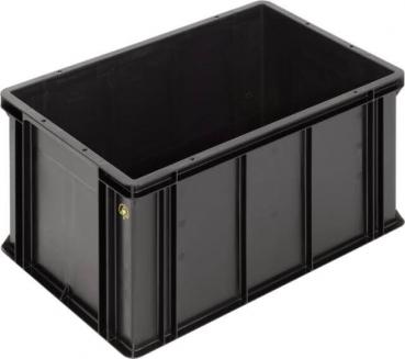 Das Bild zeigt eine rechteckige, schwarze Kunststoffbox mit stabilen Wänden. Sie hat keinen Deckel und ist ideal zum Aufbewahren oder Transportieren von Gegenständen.