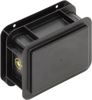 Das Bild zeigt eine schwarze, rechteckige Box mit leicht abgerundeten Kanten und einem flachen Deckel. An der Rückseite sind zwei Löcher zur Befestigung. Sie wirkt robust und funktional.