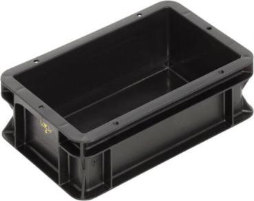 Es handelt sich um eine rechteckige, flache Box aus schwarzem Kunststoff. Sie hat gerade Seiten und eine glatte Innenseite, geeignet zum Aufbewahren oder Transportieren von Gegenständen.