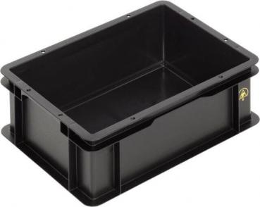 Das Bild zeigt eine rechteckige, schwarze Kunststoffbox mit hohen, geraden Wänden und einer offenen Oberseite. Sie hat eine stabile Konstruktion und ist geeignet für das Verstauen von Gegenständen.