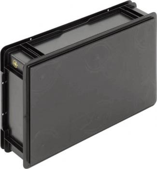 The image shows a rectangular, flat black container or box. It has a smooth surface and a uniform color, with a small yellow symbol on one side.