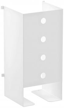 The image displays a rectangular, white plastic container with open sides and four round holes arranged vertically. It stands stably on two feet.
