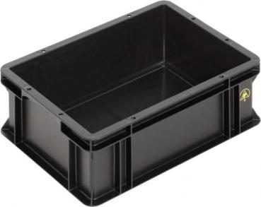 Das Bild zeigt eine rechteckige, schwarze Kunststoffbox ohne Deckel. Die Wände sind stabil und etwas erhöht, mit einer glatten Innenfläche. Sie wirkt robust und ist für Aufbewahrung gedacht.