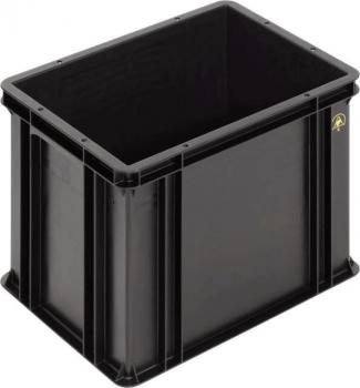 Das Bild zeigt eine rechteckige, schwarze Aufbewahrungsbox aus Kunststoff. Die Box hat glatte Wände und eine robuste Struktur, ideal zum Verstauen von Gegenständen.