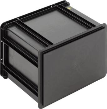 The image shows a square, black plastic box with a flat lid. It has a robust structure with grooves on the sides for stability and a minimalist, functional style.