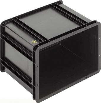The image shows a black, rectangular plastic box without a lid. It has straight edges and a smooth surface. The interior is empty and displays the opposite sides.