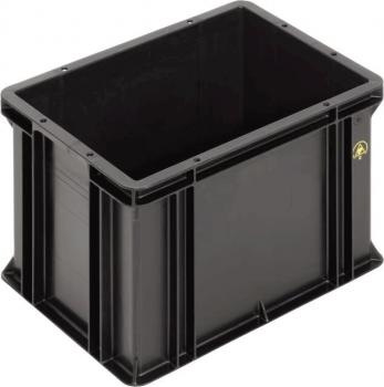 Es handelt sich um eine rechteckige, schwarze Kunststoffbox. Sie hat glatte Wände, eine offene Oberseite und eine stabile, robuste Struktur. Die Ecken sind leicht abgerundet.