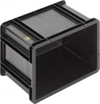 Das Bild zeigt eine schwarze, rechteckige Kunststoffbox ohne Deckel. Sie hat stabile Wände und eine offene Oberseite, geeignet zum Aufbewahren oder Transportieren von Gegenständen.