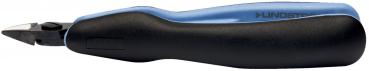 Das Bild zeigt einen schwarzen Cutter mit einem blauen Griff. Die Klinge ist schmal und spitz, geeignet zum Schneiden von Materialien. Der Griff ist ergonomisch geformt für besseren Halt.