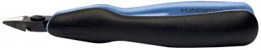Das Bild zeigt einen schwarzen Stift mit blauer Griffoberfläche. Die Spitze ist schmal und hat eine scharfe Kante, die zum Schneiden oder Zeichnen geeignet ist. Ergonomisch gestaltet.