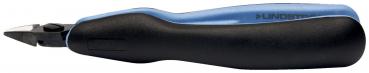 The image shows a diagonal cutting pliers with an ergonomic handle. The handle is primarily black with blue accents. The cutting edge is pointed and angled, ideal for cutting wires.