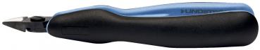 The image shows a cutter with a black handle and a blue, curved plastic casing. The blade is sharp and made of metal, ideal for cutting material.