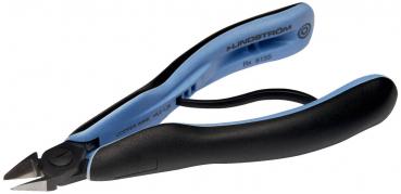 The image shows a wire cutter pliers with blue and black handles. The pliers have two curved, metallic cutting surfaces for precise cutting.