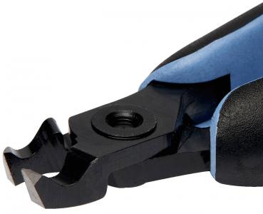The image shows a small pair of pliers with black and blue handles. The blades are sharp and have a frayed shape, ideal for cutting or gripping objects.