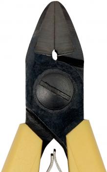 The image shows a pair of pliers with pointed, sharp blades and yellow plastic handles. The blades are dark and have an opening in the middle, which can be used for various applications.