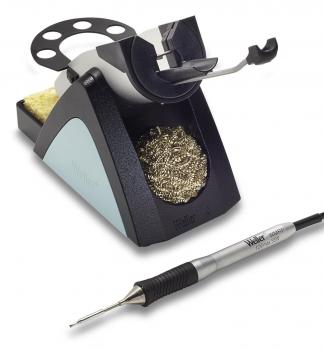 The image shows a soldering iron with an ergonomically designed, non-slip rubber grip and a sturdy metal handle. The tip is thin and pointed, perfect for soldering. A cable is attached.