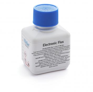 The image shows a small, square bottle with a blue screw cap. It is white with text that provides information about an electronic flux. The bottle has various safety warnings.