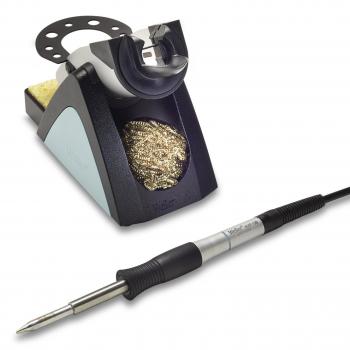 The image displays a soldering iron with an electrical cable and a soldering device. The device has a rectangular base with a metal layer for resting the soldering iron, and a collection tray with metal shavings.