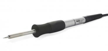 The image shows a soldering iron with a black handle and a long, silver, pointed tip. A cable connects it to a power source.