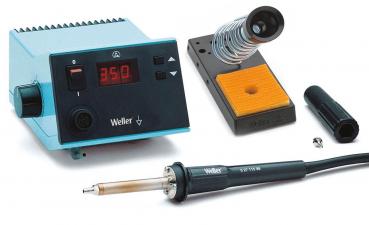 The picture shows a soldering station with a blue device, digital display, and temperature control. It includes a soldering iron, a holder for the iron, and a smoke-free rest.