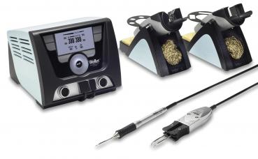 The image shows a soldering station set with a control box, two holders for soldering irons, a soldering iron, and a tool with a switch. The control box has a digital display.