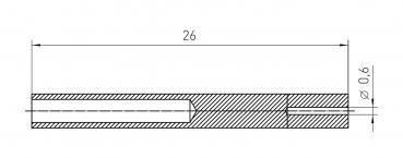 The image shows a technical drawing of a cylindrical object. It has a total length of 26 mm and a diameter of 0.6 mm. The cross-section is shown shaded.