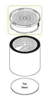 Das Bild zeigt einen zylindrischen Behälter mit einem gitterartigen Deckel. Oben ist eine Draufsicht des Deckels und unten eine Ansicht der Unterseite, die als "Top" gekennzeichnet ist.