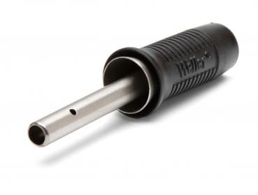 The image shows a silver metal pen with a round, black grip sleeve. The grip has a ridged surface for better hold. The pen has a hole in the middle.