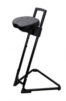 The image shows a sturdy, black stool with a round seat and two long, dangling legs. It has a triangular base and appears lightweight and portable.