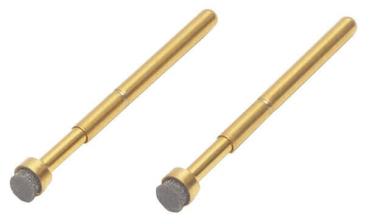 The image shows two long, gold-colored pens, each with a round, gray tip. The pens are slender and have a uniform shape.