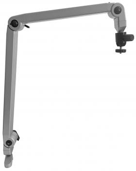 The image shows a flexible, gray arm with multiple joints and a mount at the end. It is designed to attach and position devices or cameras.