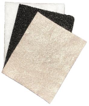 The image displays three different square surfaces. At the top is a white one, below that a black granular one, and finally a shiny, light brown surface.