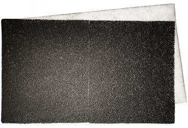 The image shows a rectangular piece of sandpaper. One side is rough and black, the other side is light and smooth. The texture of the rough side feels gritty.