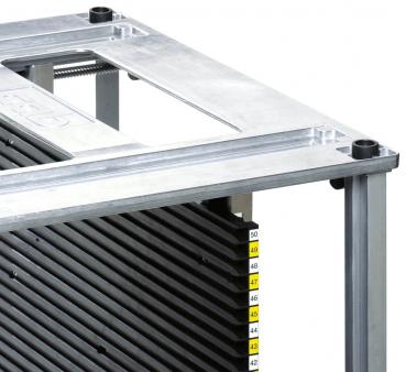 Das Bild zeigt einen großen, rechteckigen Metallrahmen mit einer transparenten, flachen Oberseite. Darunter sind vertikale, schwarze Lamellen sowie nummerierte Skalen von 42 bis 50 angeordnet.