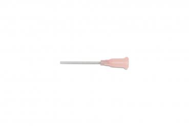 The image shows a long, narrow medical catheter with a pale pink plastic handle surface. The metal body is straight and tapered to a point.
