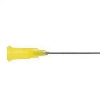 The image shows a syringe with a long, thin needle and a yellow handle. The needle is metallic and shiny, while the handle is made of plastic and has a rough surface.