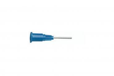 The image shows a syringe with a blue plastic handle and a long, narrow needle. The handle is round and has a slightly raised shape. The needle is thin and metallic.