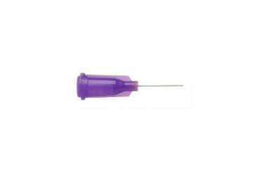 The image shows a syringe with a purple cap. The central part is transparent, and the metal part is thin and elongated. The syringe appears medical and sterile.