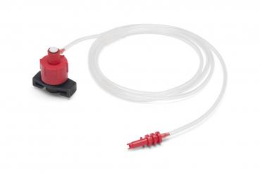 The image shows a small, red liquid connector with a rotatable cap. Attached to a transparent hose is another, reddish connector.