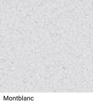 Das Bild zeigt eine helle, nahezu weiße Oberfläche mit feinen, unregelmäßigen, grauen und schwarzen Einsprengseln, die an Marmor oder einen mineralischen Belag erinnern. Darunter steht das Wort "Montblanc".