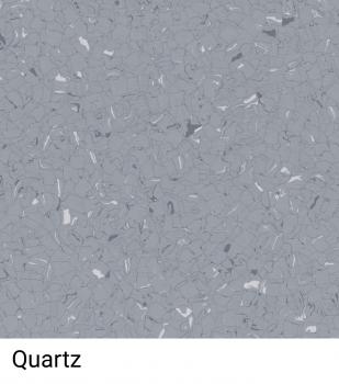 Das Bild zeigt eine strukturierte, graue Oberfläche mit kleinen, unregelmäßigen, helleren Einsprengseln. Darunter steht das Wort "Quartz". Die Farben sind dezent und harmonisch.