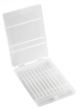 The image displays an open, rectangular box made of transparent plastic. Inside, several slim, vertical compartments can be seen, in which elongated objects are placed.