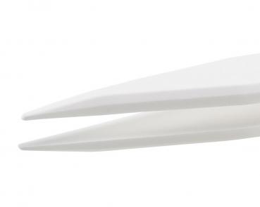 The image shows a white tweezer with two pointed ends that open in the middle. It has a simple, smooth handle and appears sterile and functional.