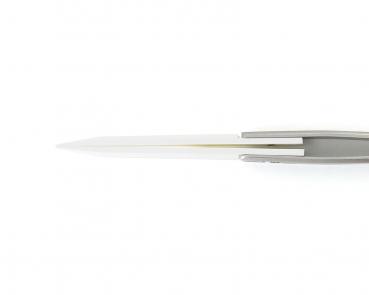 The image shows a narrow, pointed blade. The blade surface is smooth and bright. The handles are simple and aligned on both sides in a straight line.