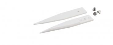 The image shows two white, pointed plastic parts shaped like wedges. Next to them are two small screws. The parts have holes for mounting.