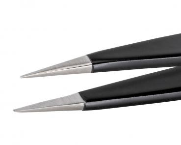 The image shows a black tweezer with narrow, pointed ends. The tips are made of silver metal and converge into a fine, conical shape.
