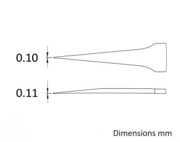 Das Bild zeigt zwei schmale, konische Formen mit den Abmessungen 0,10 mm und 0,11 mm. Die obere Form hat eine breite Basis, die untere ist gleichmäßig schmaler.