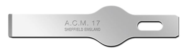 The image displays a flat, metallic tool. It has a central recess and bears the engraving "A.C.M. 17" as well as "SHEFFIELD ENGLAND". The edges are straight and smooth.